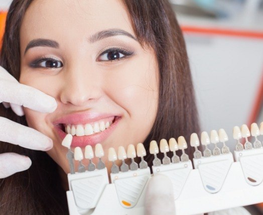 Woman's smile compared with porcelain veneer shade option